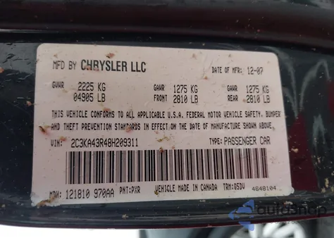 2008 Chrysler 300 Lx z USA, uszkodzony, nr VIN 2C3KA43R48H209311